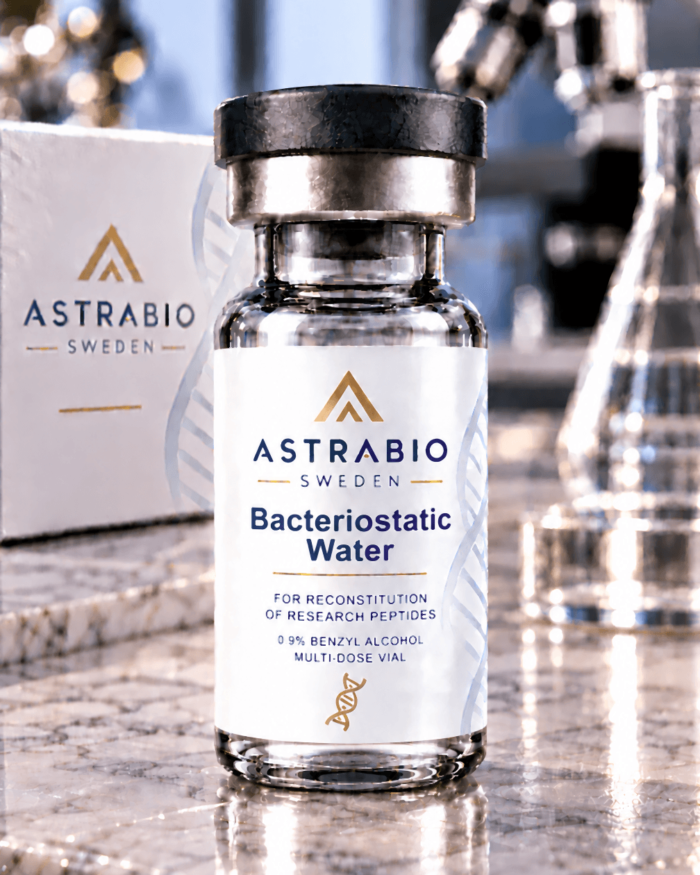 Vial med bakteriostatiskt vatten och AstraBio Sweden-etikett i labbmiljö