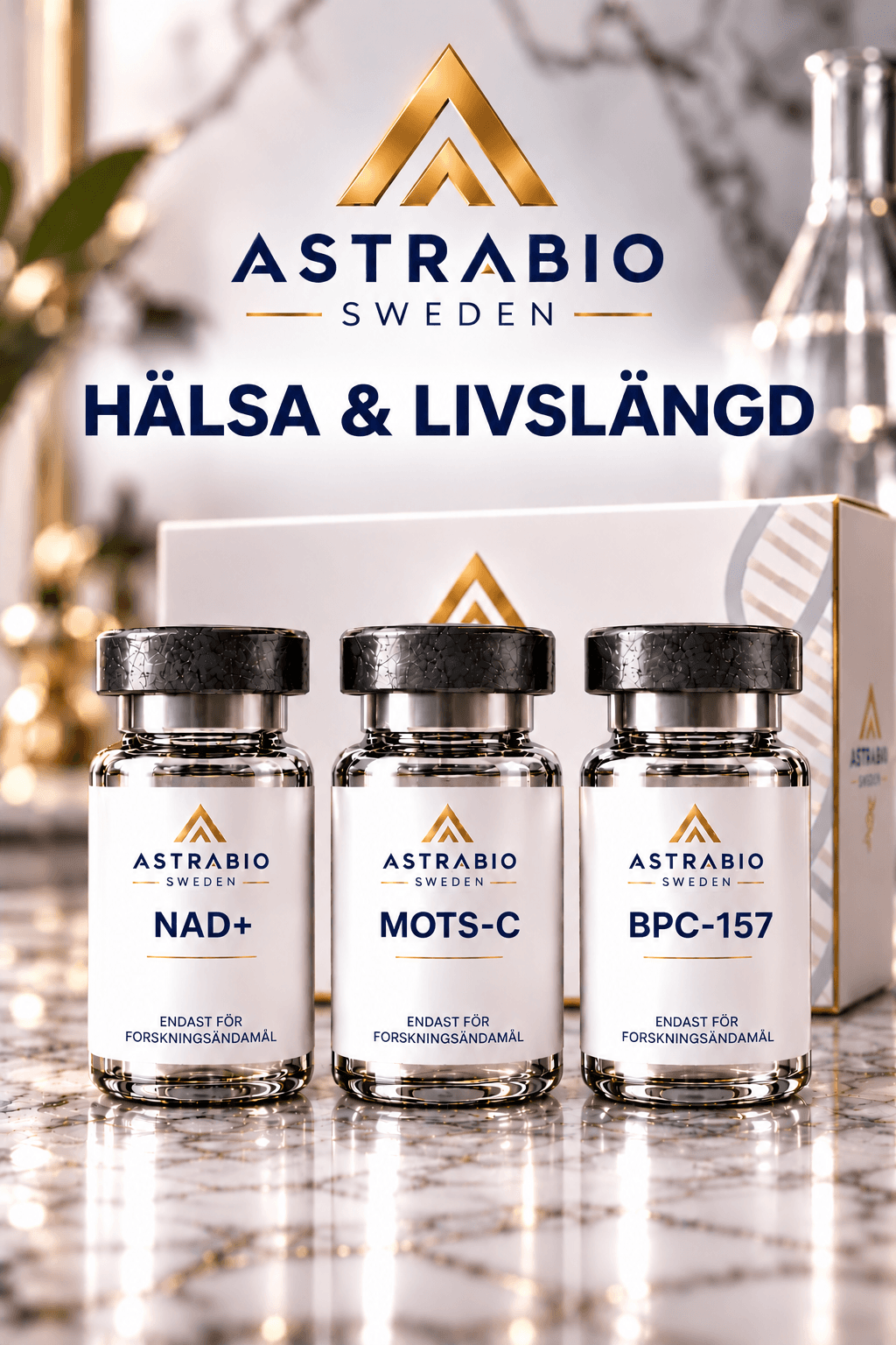 Tre vialer – NAD+, MOTS-C och BPC-157 – med AstraBio Sweden-etikett på marmorbänk