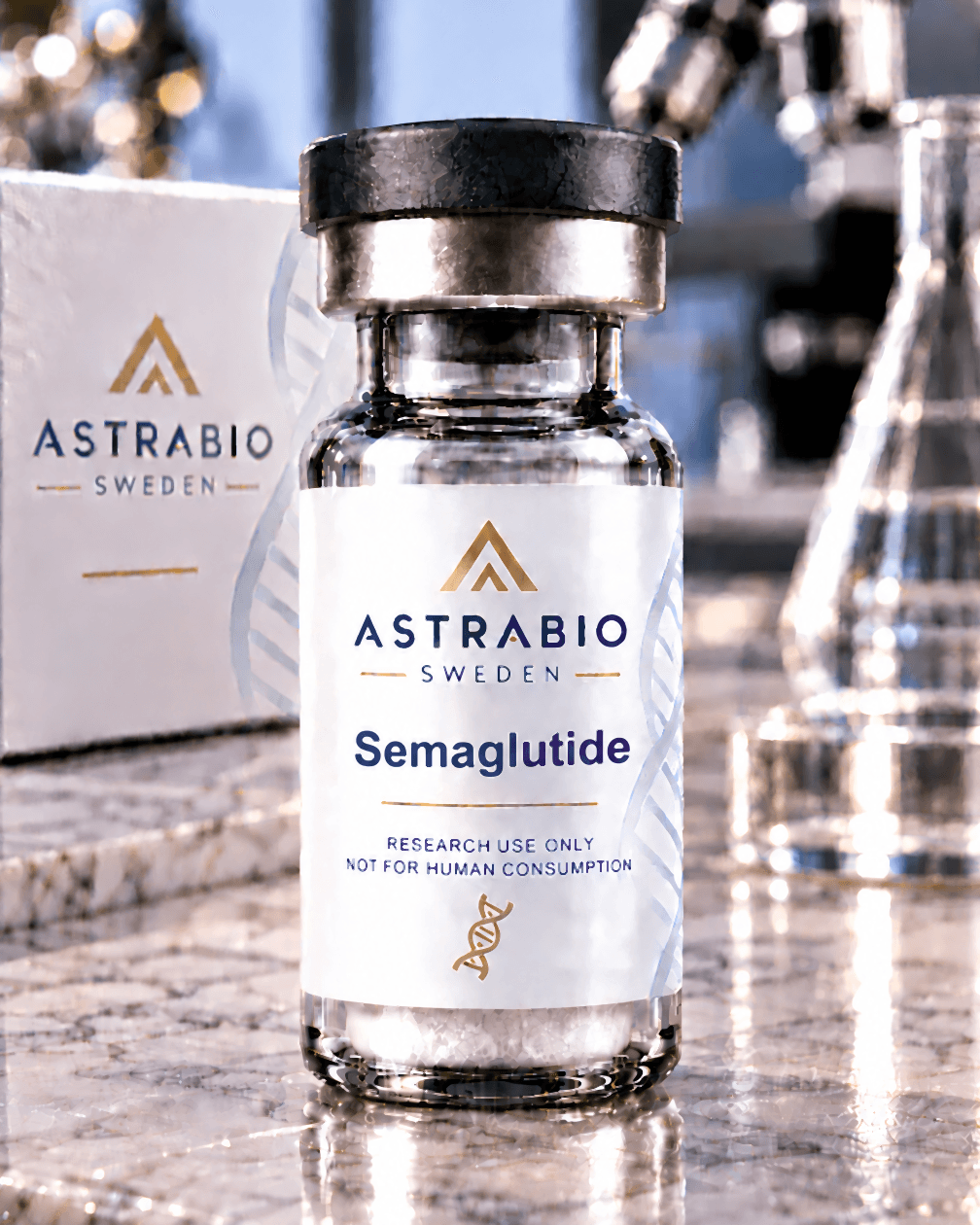 Semaglutide-vial med AstraBio Sweden-etikett i klinisk labbmiljö